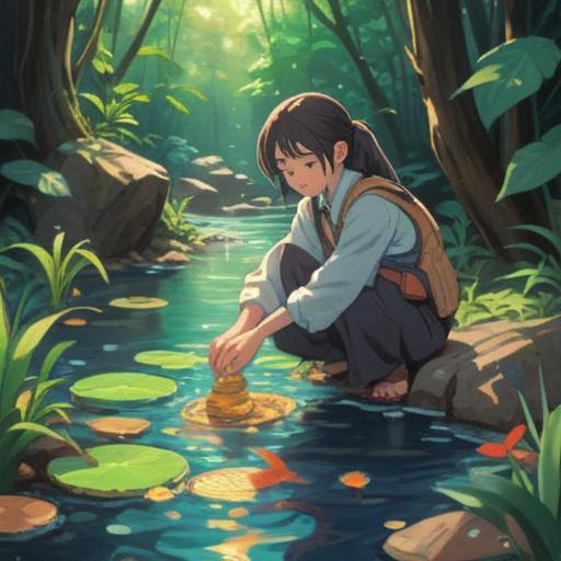 A serene scene depicting a gentle stream with shimmering water, a person peacefully washing coins by the bank, sunlight filtering through the leaves, symbolizing cleansing and renewal, spiritual symbolism, connection to abundance, tranquil atmosphere, nature's harmony, 4k