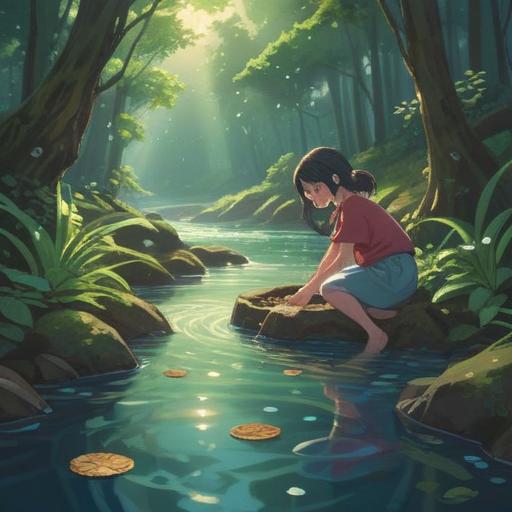 A serene scene depicting a person washing small coins in a clear stream, sunlight filtering through the trees, sparkling water droplets, a sense of tranquility and spiritual enlightenment, coins glistening with mystical energy, gentle ripples in the water, surrounded by lush greenery and vibrant flowers, capturing the essence of abundance and good luck, 4k