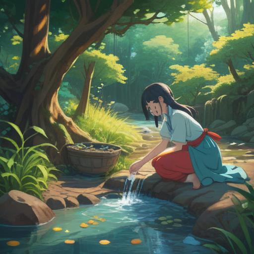 A serene scene depicting a person washing coins in a calm stream, surrounded by nature, soft sunlight filtering through trees, symbols of spiritual guidance in the water, gentle ripples enhancing the mystical atmosphere, attention to detail in the coins and environment, reflecting personal growth and mindfulness, 4k