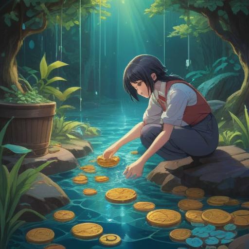 A magical scene depicting a person washing coins in a serene environment, sparkling water reflecting sunlight, coins gleaming with vibrant colors, symbols of good fortune around, lush greenery in the background, whimsical atmosphere, feeling of prosperity and luck, detailed textures, 4k