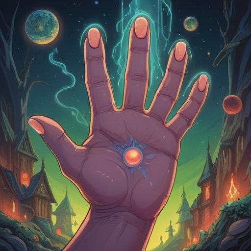 A surreal illustration depicting a mystical hand with a prominent mole on the pinky finger, surrounded by ethereal light, symbols of spirituality and enlightenment, a dreamy background with celestial elements, a tranquil atmosphere, soft color palette, intricate details, 4k