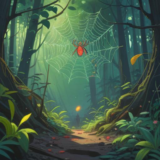 A tiny spider representing spirituality, intricate web symbolizing connection and creativity, serene forest backdrop with soft light filtering through leaves, gentle wind rustling, tranquil atmosphere, nature's harmony, delicate details, 4k