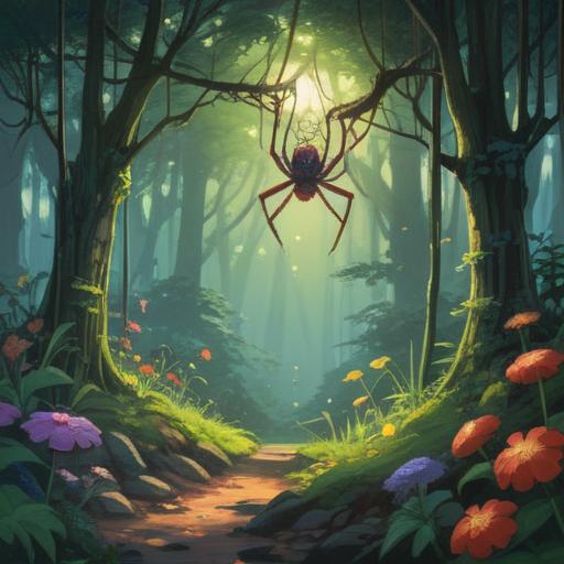 A small spider delicately weaving a web in a sunlit forest, surrounded by vibrant flowers and greenery, symbolizing spiritual good fortune, with gentle rays of sunlight filtering through the leaves, creating a serene and peaceful atmosphere, 4k