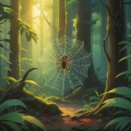 A serene forest scene, a small spider weaving a delicate web, sunlight filtering through leaves, spiritual symbolism, calm and reflective atmosphere, nature's hidden messages, intricate details of the spider's body, vibrant colors, 4k
