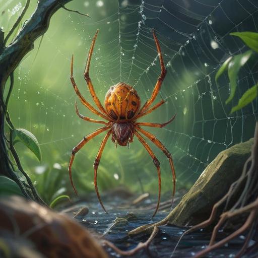 A small spider on a delicate web, glistening morning dew, symbolizing good luck, intricate details of the spider's features, vibrant background of lush greenery, gentle sunlight filtering through leaves, enchanting atmosphere, 4k