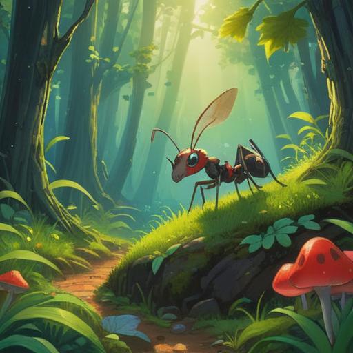 A small ant symbolizing a spiritual good sign, vibrant nature setting, lush green grass, sunlight filtering through leaves, intricate details on the ant, sense of harmony and positivity, gentle breeze creating movement in the grass, peaceful atmosphere, 4k