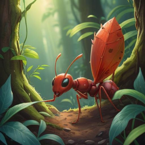 A small ant carrying a tiny leaf, symbolizing luck, vibrant forest setting, sunlight filtering through leaves, intricate details of the ant's body, gentle movement, harmonious balance in nature, a sense of wonder and discovery, bright and cheerful colors, 4k