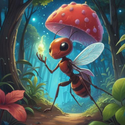 A whimsical scene depicting an ant carrying a small, sparkling gift, surrounded by vibrant greenery, a bright blue sky above, symbols of luck such as four-leaf clovers and horseshoes scattered around, a warm glow illuminating the ant, intricate details on the ant's body, conveying a sense of wisdom and fortune, enchanting atmosphere, inviting composition