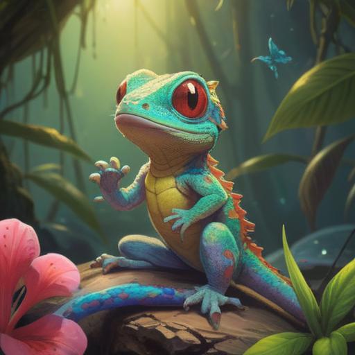 A small gecko with vibrant colors, sitting on a sunlit rock, surrounded by mystical symbols, representing transformation and adaptability, harmonious integration with nature, soft sunlight illuminating its scales, serene atmosphere, rich detail in the environment, 4k