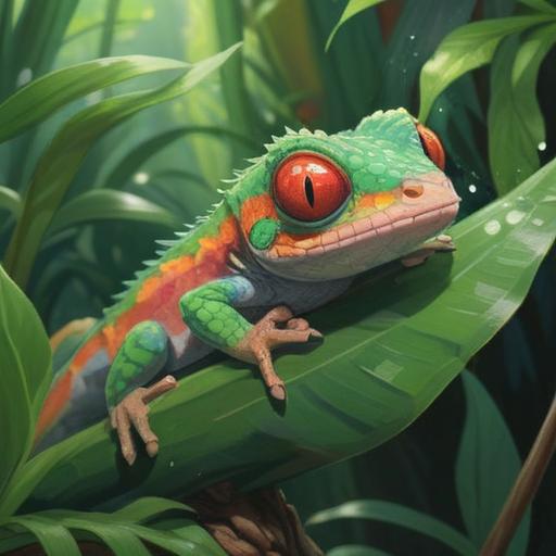 A small gecko sitting on a bright green leaf, surrounded by vibrant tropical plants, sparkling sunlight filtering through the leaves, magical aura emanating from the gecko, symbols of good luck floating around, delicate details emphasizing the gecko’s texture, vivid colors, enchanting atmosphere, 4k