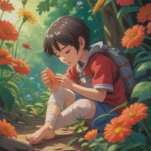 A serene illustration depicting a child bandaging a small scrape on their knee, surrounded by blooming flowers and sunlight, a hopeful expression on the child’s face, a gentle breeze rustling the leaves, emphasizing resilience and positivity, bright color palette, enchanting atmosphere, nurturing environment, 4k