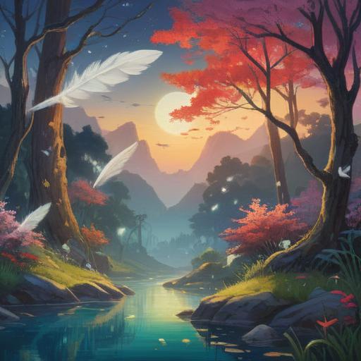 A small white feather floating gently in the air, symbolizing spirituality and purity, surrounded by a soft glow, serene landscape in the background, peaceful atmosphere, ethereal light, delicate details, representing hope and divine connection, 4k
