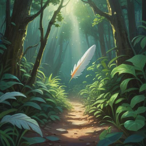 A serene and ethereal scene, a tiny white feather floating gently in the air, illuminated by soft sunlight, surrounded by lush greenery, a tranquil atmosphere, hints of spirituality and peace, subtle glimmers of light in the background, representing hope and positive signs, 4k