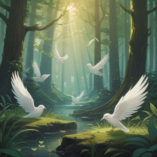 A serene scene depicting small white feathers drifting gently in the air, symbolizing spiritual messages, a peaceful forest background, soft sunlight filtering through the trees, a sense of tranquility and awakening, vibrant greenery, and an ethereal glow surrounding the feathers, inviting contemplation and reflection, 4k