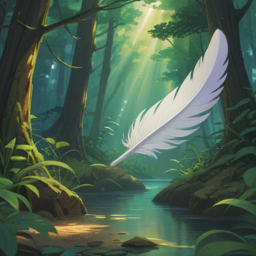 A serene scene depicting a small white feather gently floating in the air, surrounded by vibrant greenery, a sense of tranquility, sunlight filtering through the leaves, a person with a joyful expression holding a lucky charm close, delicate details on the charm, soft focus background, nature-inspired, bright and uplifting atmosphere