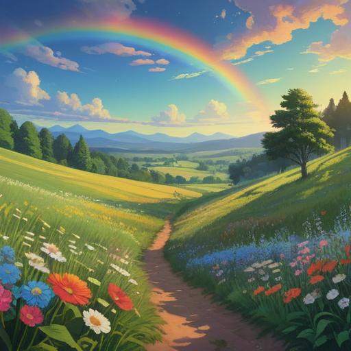 A small rainbow symbolizing hope and joy, softly arching across a serene landscape, surrounded by lush green meadows and blooming flowers, gentle sunlight illuminating the scene, a tranquil river flowing nearby, whimsical clouds drifting in the sky, representing spiritual awakening and positivity, calming atmosphere, 4k
