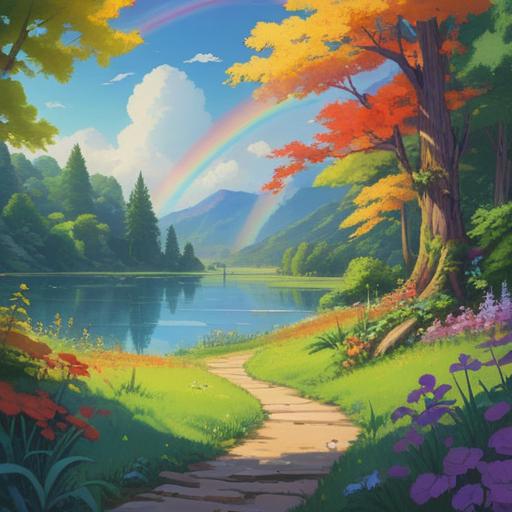A small rainbow appearing in a serene landscape, bright and uplifting colors, symbolizing hope and positivity, surrounded by lush greenery, gentle sunlight filtering through the clouds, tranquil atmosphere, an uplifting vibe, subtle spiritual aura, harmonious nature scene, 4k
