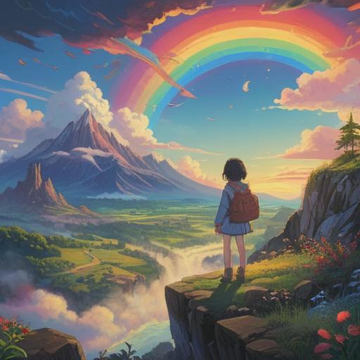 A small rainbow appearing in the sky, serene landscape, soft light filtering through clouds, vibrant yet gentle colors, mystical aura surrounding the rainbow, symbolic elements like feathers and crystals, peaceful atmosphere, capturing a moment of spiritual awakening, 4k