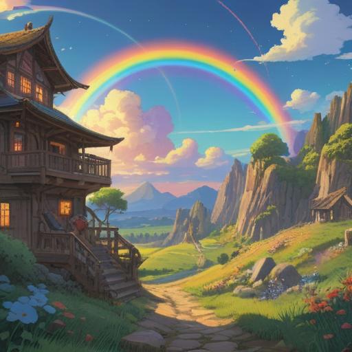 A small, vibrant rainbow gently arching across a bright blue sky, shining down on a whimsical landscape, an assortment of lucky items scattered below, including a four-leaf clover, a horseshoe, a lucky coin, and a charming rabbit's foot, lush green grass, colorful flowers blooming, sun rays filtering through fluffy clouds, enchanting and hopeful atmosphere, 4k