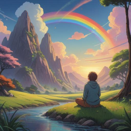 A serene illustration of a small rainbow arching gently over a peaceful landscape, a person meditating beneath it with a tranquil expression, soft rays of sunlight breaking through clouds, lush green fields surrounding them, gentle breeze depicted by swaying grass, symbolism of hope and positivity, calm and harmonious atmosphere, vivid colors enhancing the scene, 4k