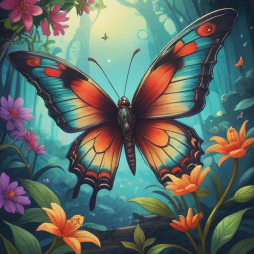 A small butterfly with vibrant wings, symbolizing transformation and spiritual growth, delicately perched on a blooming flower, surrounded by a serene nature setting, soft sunlight filtering through the leaves, ethereal glow accentuating the butterfly's features, tranquil atmosphere, 4k