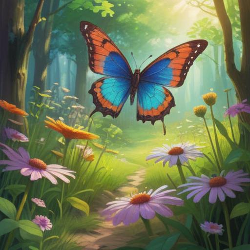 A serene scene depicting a small butterfly fluttering among vibrant wildflowers, gentle sunlight filtering through the trees, symbolizing transformation and spiritual guidance, a sense of calm and wonder, ethereal presence, subtle colors, nature's beauty, 4k