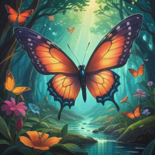 A small butterfly guiding towards positive change, vibrant colors, cheerful atmosphere, fluttering gracefully, nature setting, soft sunlight filtering through leaves, detailed background with blooming flowers, symbol of luck and transformation, 4k