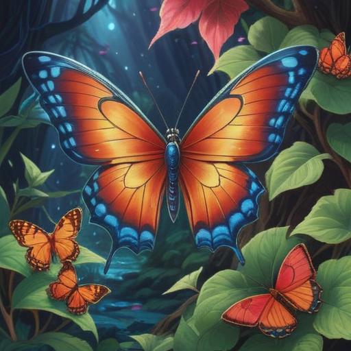 A small butterfly carrying a message of good fortune, vibrant colors, ethereal background, gentle sunlight filtering through leaves, intricate patterns on butterfly wings, serene garden setting, peaceful atmosphere, sense of wonder and hope, detailed flora, 4k