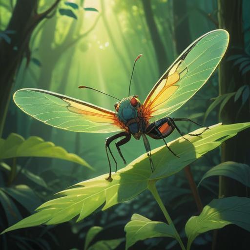A small insect sitting on a leaf, symbolizing spiritual guidance, ethereal glow surrounding the insect, tranquil nature setting, soft sunlight filtering through the trees, vibrant green colors, a feeling of serenity and hope, intricate details on the insect's wings, gentle breeze, harmonious balance in nature, 4k