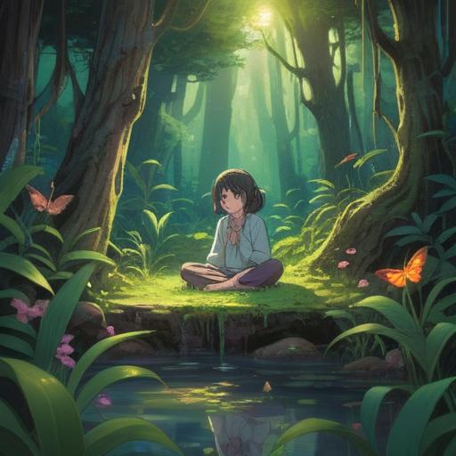 A serene nature scene, small insects gathering around a figure in meditation, vibrant greenery, subtle ethereal glow, symbols of spiritual awareness in the air, soft light filtering through the trees, tranquil atmosphere, meaningful connection with nature, 4k