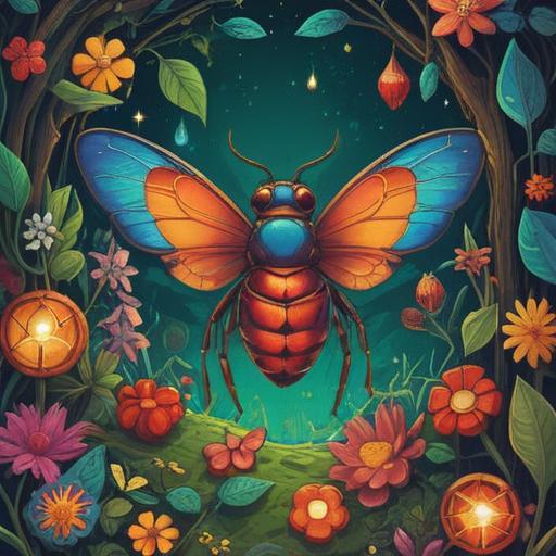 A whimsical illustration of a tiny bug surrounded by various lucky items, bright colors, intricate details, cheerful atmosphere, shimmering four-leaf clovers, sparkling coins, small charms, playful and magical setting, 4k