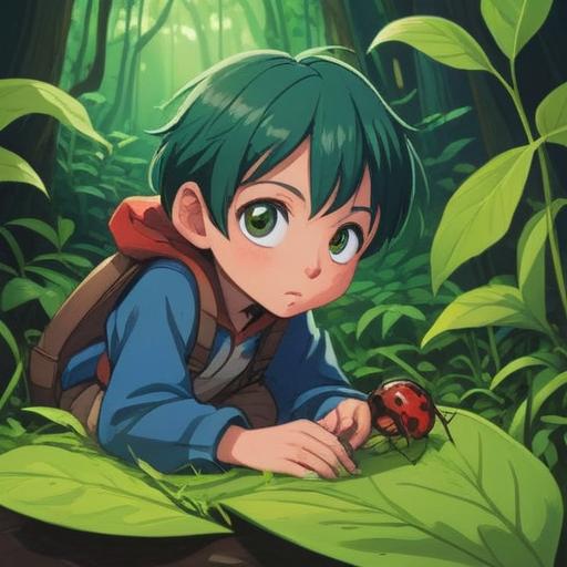 A gentle moment of curiosity, a small bug resting on a vibrant green leaf, a child crouching down with wide eyes, an expression of wonder and awe, warm sunlight filtering through the trees, a sense of calmness and connection with nature, rich details in the foliage, soft bokeh in the background, 4k