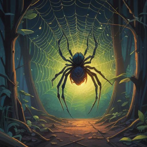 A small spider symbolizing spiritual transformation, intricate web patterns, subtle light emanating from the spider, serene natural setting, representing wisdom and perseverance, delicate and ethereal atmosphere, vivid colors, 4k