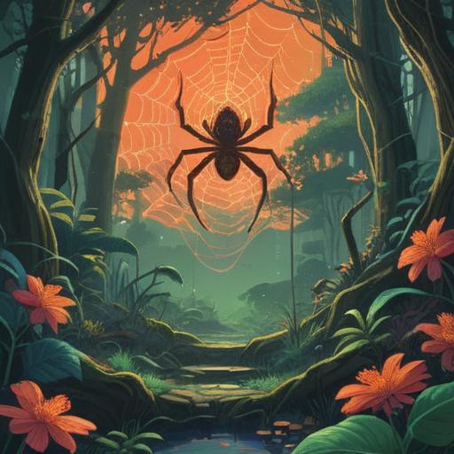 A small spider weaving a delicate web, intricate patterns symbolizing spiritual guidance, soft ambient light filtering through leaves, serene natural setting, calm and peaceful atmosphere, capturing the essence of good signs and omens, enchanting and mystical vibe, harmonious colors, 4k