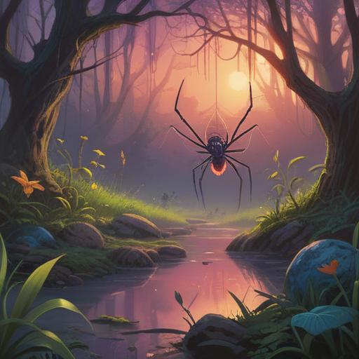 A small spider appearing in a tranquil setting, spiritual significance, gentle aura, symbolic representation of change, nature-inspired background, soft lighting, mystical atmosphere, focused attention on the spider, harmonious balance between the creature and surroundings, 4k