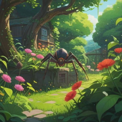A tiny spider observed in a lush green garden, surrounded by blooming flowers and vibrant foliage, a sunny day casting gentle shadows, a sense of wonder and luck in the air, small sparkling objects nearby representing good fortune, intricate details of the spider's web glistening, tranquil atmosphere, 4k