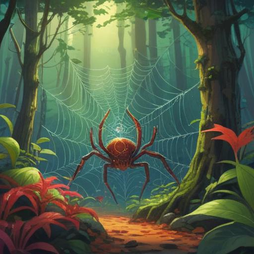 A small spider carrying a symbolic object, representing meaning and impact, intricate web design, gentle sunlight filtering through leaves, a serene forest background, focus on the spider's meticulous movements, detailed textures, vibrant colors, metaphorical elements surrounding the scene, 4k