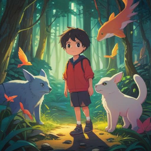 A serene and whimsical illustration, depicting a young child surrounded by vibrant nature, gentle animals playfully interacting, radiant light symbolizing positivity, a doorway to imagination and innocence, elements of spirituality illustrated through ethereal glowing orbs, harmonious colors, enchanting atmosphere, soft textures, conveying warmth and joy, 4k