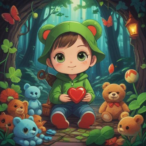 A charming illustration of a small child surrounded by lucky items, colorful and playful design, a four-leaf clover, a cute teddy bear, shining lucky coins, bright balloons floating in the air, cheerful expressions, whimsical atmosphere, inviting and warm colors, attention to detail, 4k