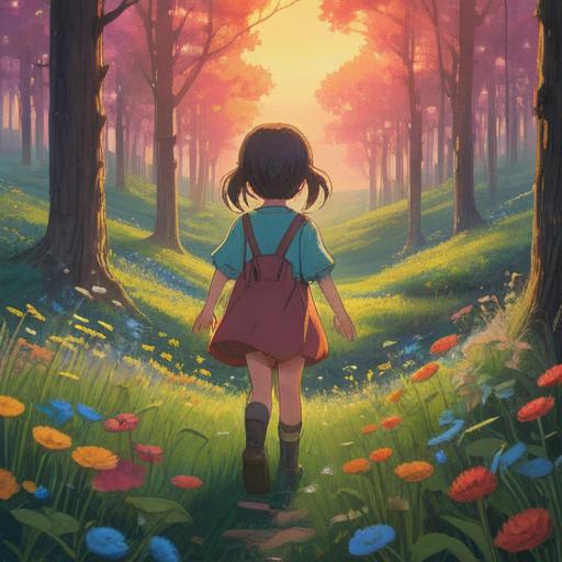 A serene childhood memory captured in a dreamlike landscape, ethereal light filtering through trees, a child playing in a field of wildflowers, soft whispers of nature, vibrant colors representing innocence, a gentle breeze enhancing the spiritual essence, nostalgic atmosphere, tranquility and peace, 4k