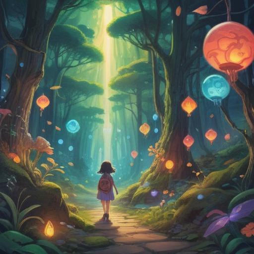 A serene childhood memory illustration, ethereal light, whimsical elements, soft-focus dreamscape, symbols of spiritual guidance, playful innocence, vibrant colors reflecting joy and wonder, nature-inspired motifs, soothing atmosphere, 4k