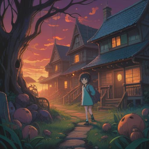 A surreal illustration depicting childhood memories intertwined with ominous symbols, shadowy figures lurking in the background, a sense of unease, contrasting bright and dark colors, elements of nature like twisted trees and fog, haunting yet nostalgic atmosphere, intricate details that evoke a sense of foreboding, dreamlike quality, 4k