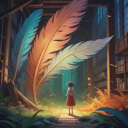 A whimsical scene depicting a delicate feather drifting through the air, a person gazing at it with a look of wonder, soft light filtering through the trees, a sense of calm and introspection, gentle colors and serene expressions, nature surrounding the moment, 4k