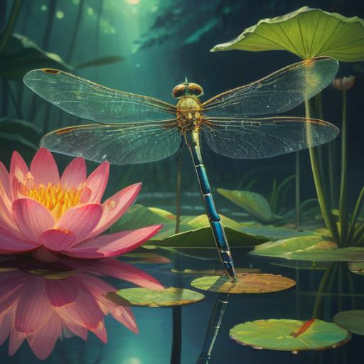 A small dragonfly perched on a vibrant lotus flower, shimmering sunlight reflecting on calm water, ethereal glow surrounding the scene, symbolizing transformation and change, serene atmosphere, delicate details in the wings and petals, peaceful coexistence in nature, 4k