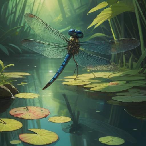 A small dragonfly hovering gently above a serene pond, shimmering sunlight reflecting on the water's surface, lush green surroundings, a light breeze rustling the leaves, an ethereal glow emanating from the dragonfly, symbolizing spiritual guidance and positive omens, tranquil atmosphere, vivid colors, 4k