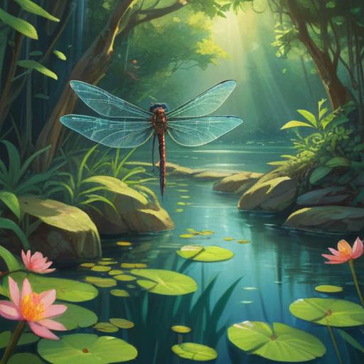 A serene nature scene, a small dragonfly hovering over a tranquil pond, sunlight filtering through the leaves, symbolizing spiritual awakening, soft ripples in the water, an aura of peace and mindfulness, vivid greens and blues, gentle reflections, 4k