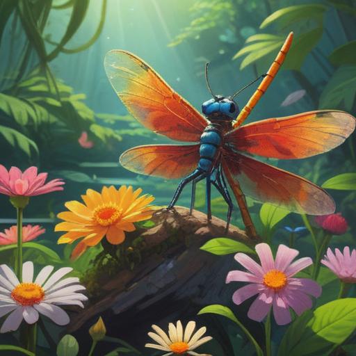 A small dragonfly perched on a vibrant flower, a child excitedly preparing to perform a lucky action, bright sunlight filtering through the leaves, a sense of wonder and anticipation in the air, detailed garden background, playful and whimsical atmosphere, charming character expressions, 4k