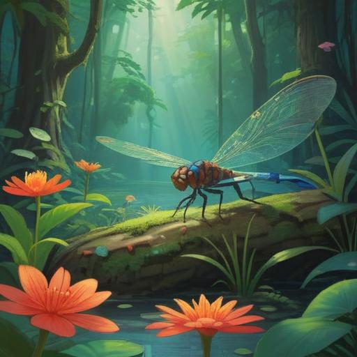 A serene outdoor scene, featuring a small dragonfly resting on a flower, a person observing with a contemplative expression, lush greenery around, gentle sunlight filtering through leaves, emotional connection with nature, reflecting on personal growth and tranquility, peaceful ambiance, harmonious colors, 4k