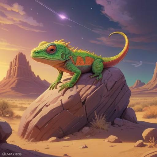 A small lizard perched on a vibrant rock, surrounded by mystical symbols, glowing aura radiating around it, serene desert landscape in the background, soft sunlight casting gentle shadows, capturing the essence of spiritual connection and transformation, detailed textures and colors, enchanting atmosphere, 4k
