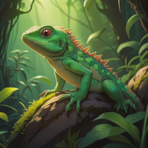 A small lizard perched on a sunlit rock, vibrant green and brown scales, surrounded by lush greenery, emits a soft glow, representing spiritual guidance, serene atmosphere, gentle sunlight filtering through leaves, mystical aura, 4k
